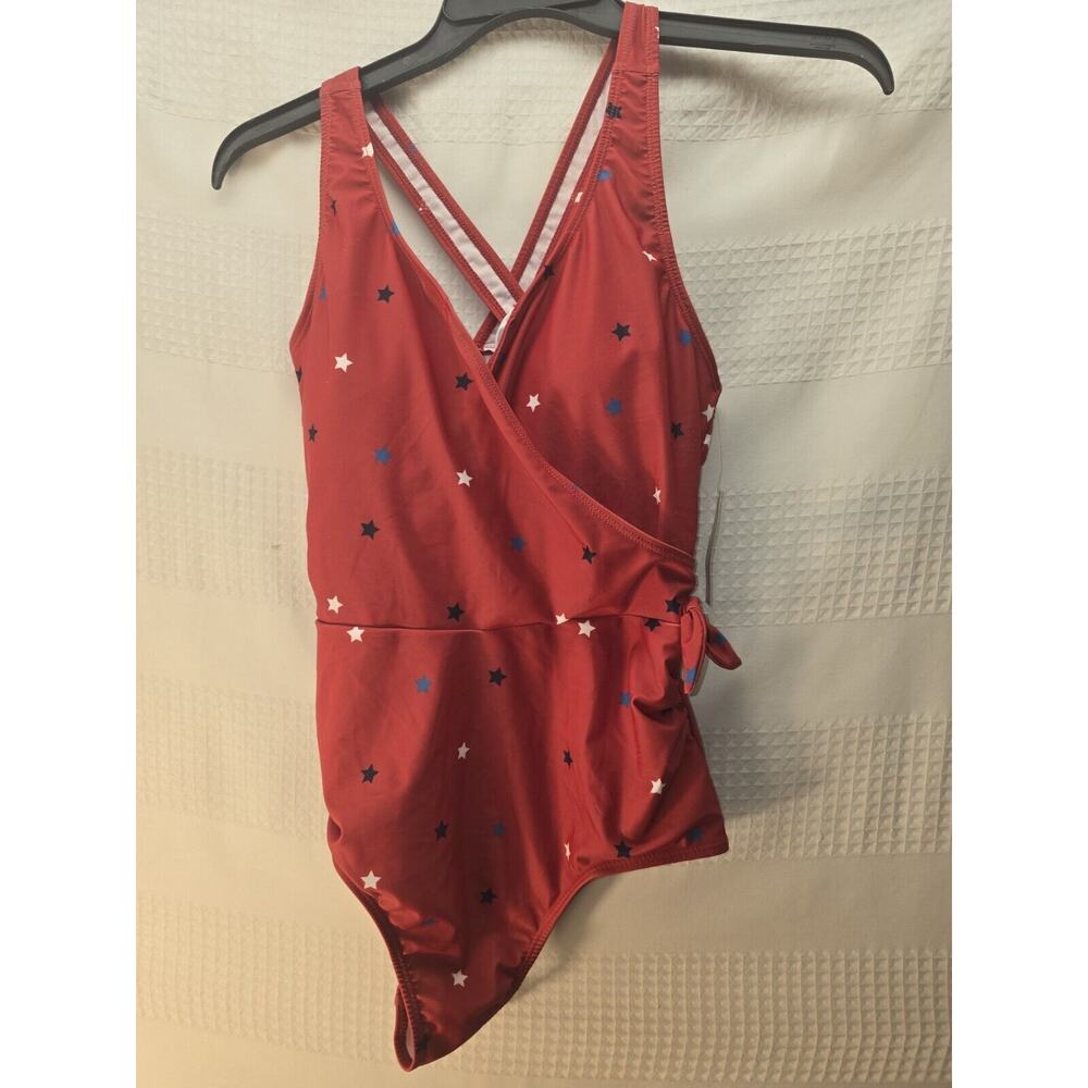 Berkley Jensen One Piece Bathingsuit Medium Red Blue Stars Wrap Tie Ruched 5614